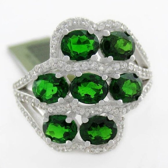 Genuine 1.47 Cts Tsavorite & White Sapphires Ring .925 Silver - Picture 1 of 4